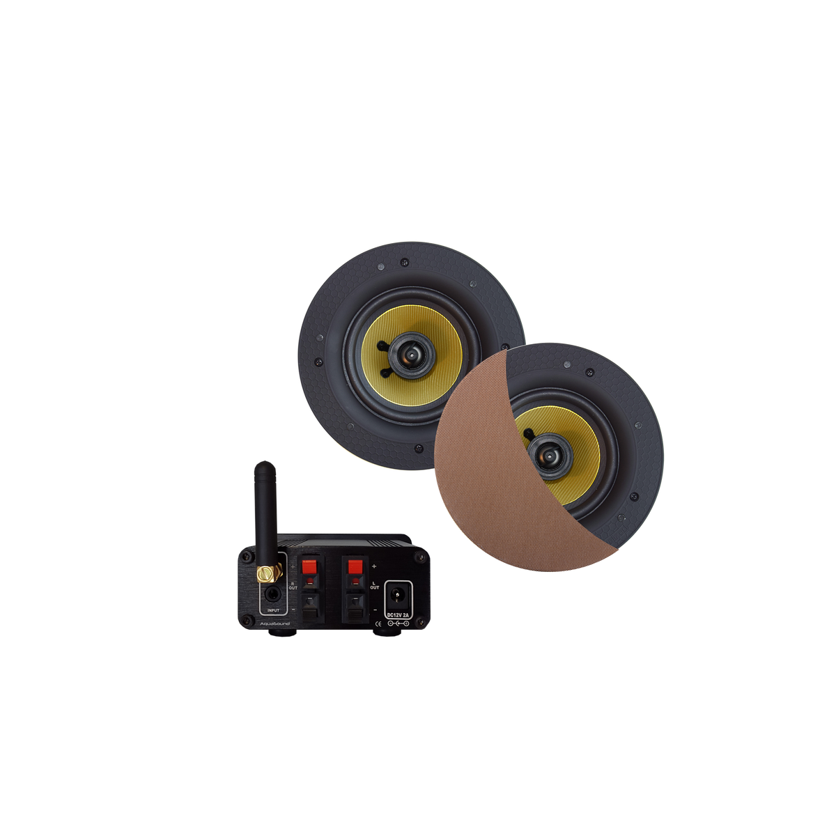 BLUETOOTH AUDIOSYSTEEM (30 WATT / BT4.0 / AUTO-AUX)  MET RUMBA SPEAKERSET (BRUSHED RED GOLD), 230V/12V