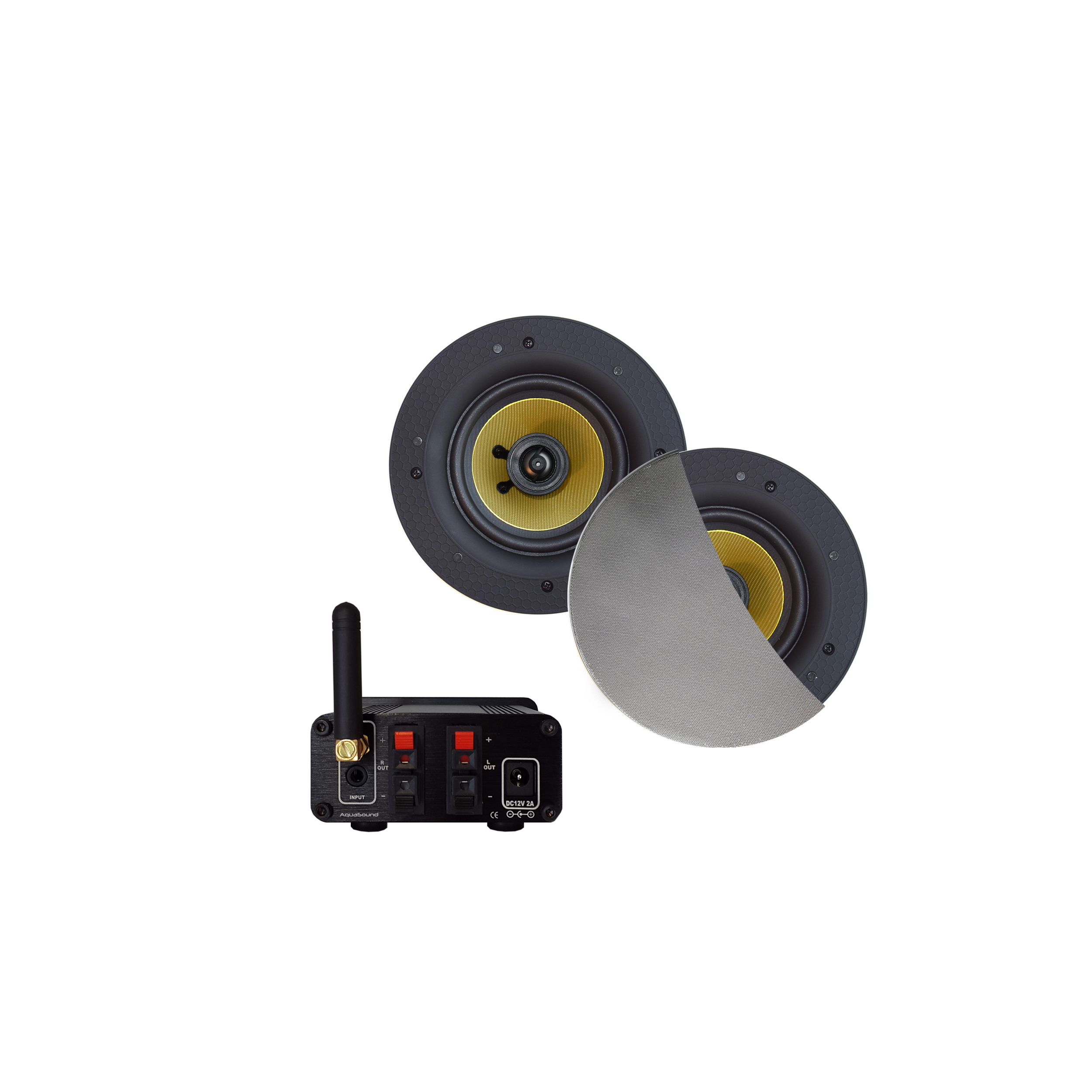 BLUETOOTH AUDIOSYSTEEM (30 WATT / BT4.0 / AUTO-AUX)  MET RUMBA SPEAKERSET (MAT CHROOM), 230V/12V
