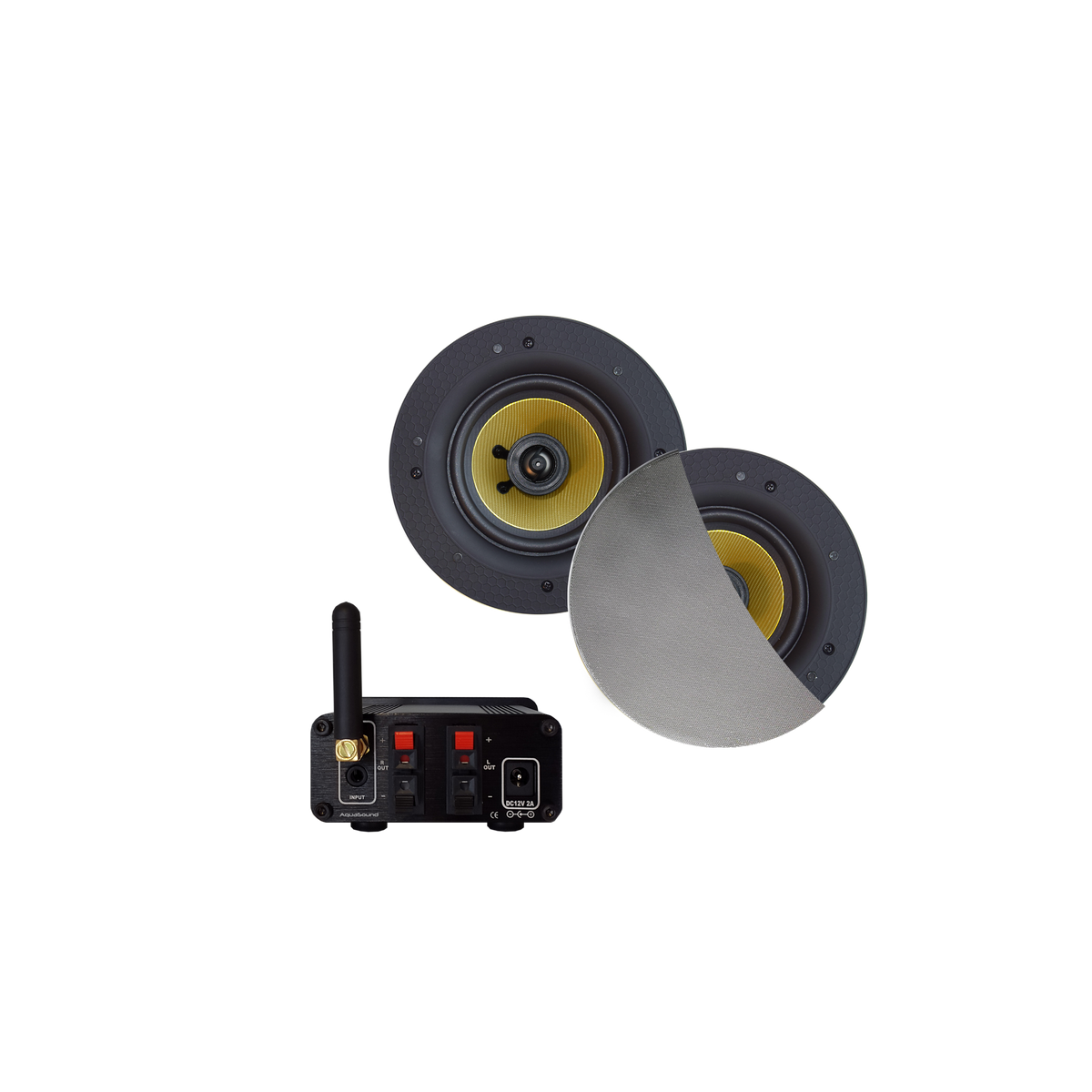 BLUETOOTH AUDIOSYSTEEM (30 WATT / BT4.0 / AUTO-AUX)  MET RUMBA SPEAKERSET (MAT CHROOM), 230V/12V