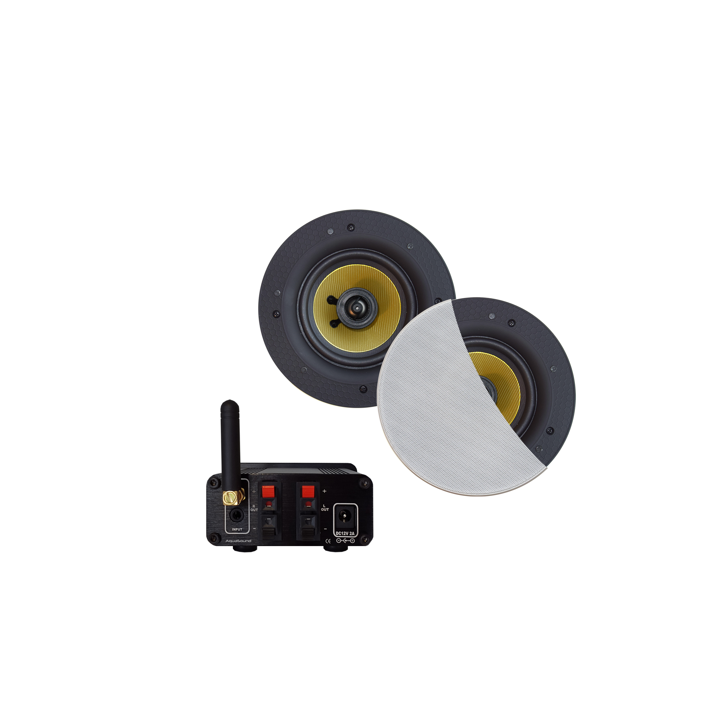 BLUETOOTH AUDIOSYSTEEM (30 WATT / BT4.0 / AUTO-AUX)  MET RUMBA SPEAKERSET (WIT), 230V/12V