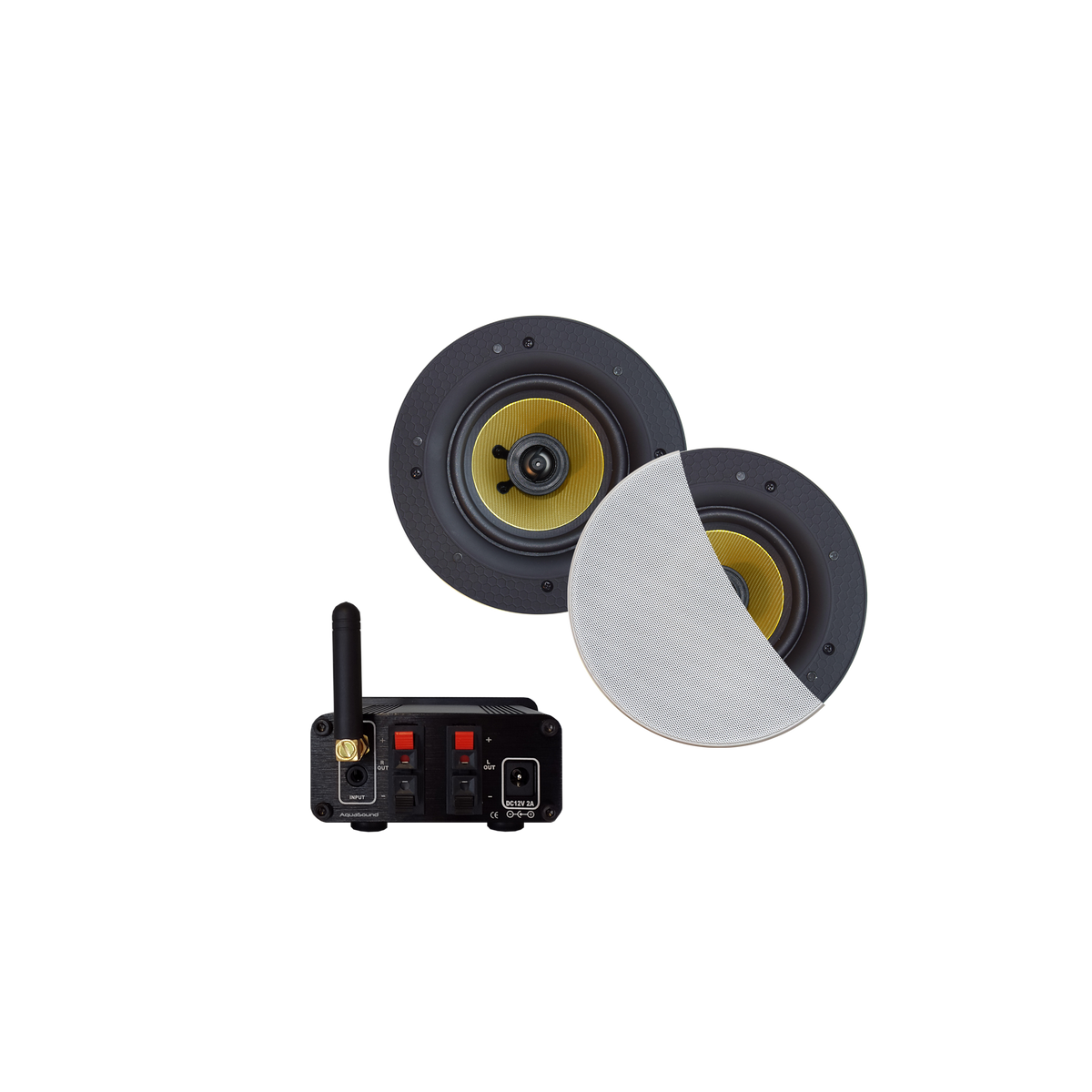 BLUETOOTH AUDIOSYSTEEM (30 WATT / BT4.0 / AUTO-AUX)  MET RUMBA SPEAKERSET (WIT), 230V/12V