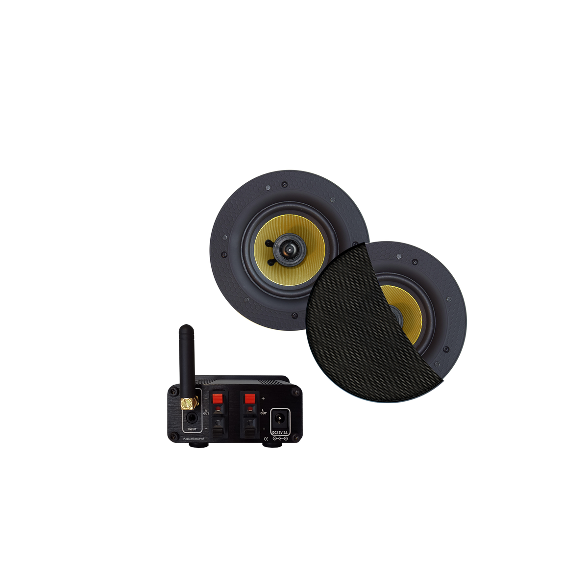 BLUETOOTH AUDIOSYSTEEM (30 WATT / BT4.0 / AUTO-AUX)  MET RUMBA SPEAKERSET (MAT ZWART), 230V/12V