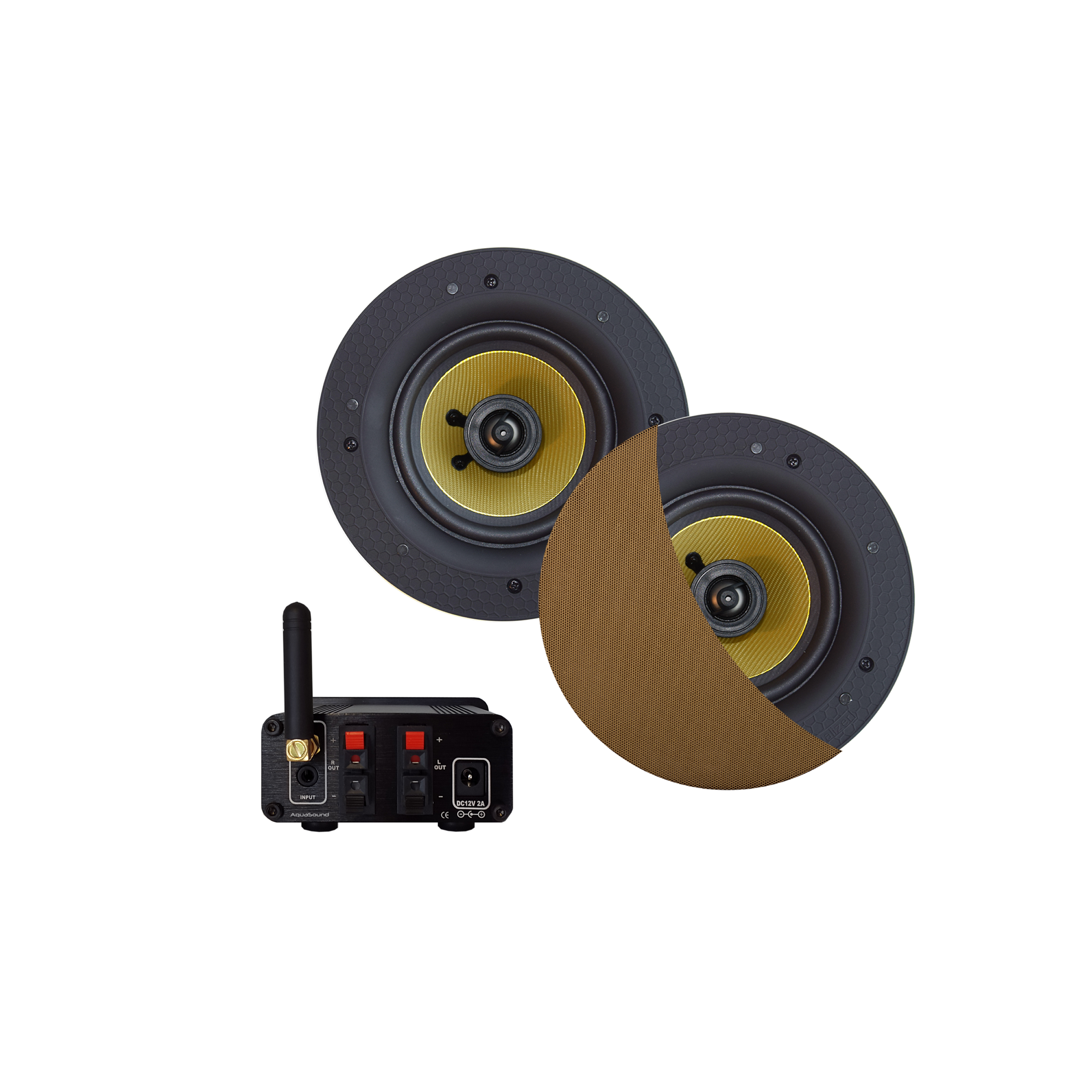 BLUETOOTH AUDIOSYSTEEM (50 WATT / BT4.0 / AUTO-AUX)  MET SAMBA SPEAKERSET (BRUSHED GOLD), 230V/12V