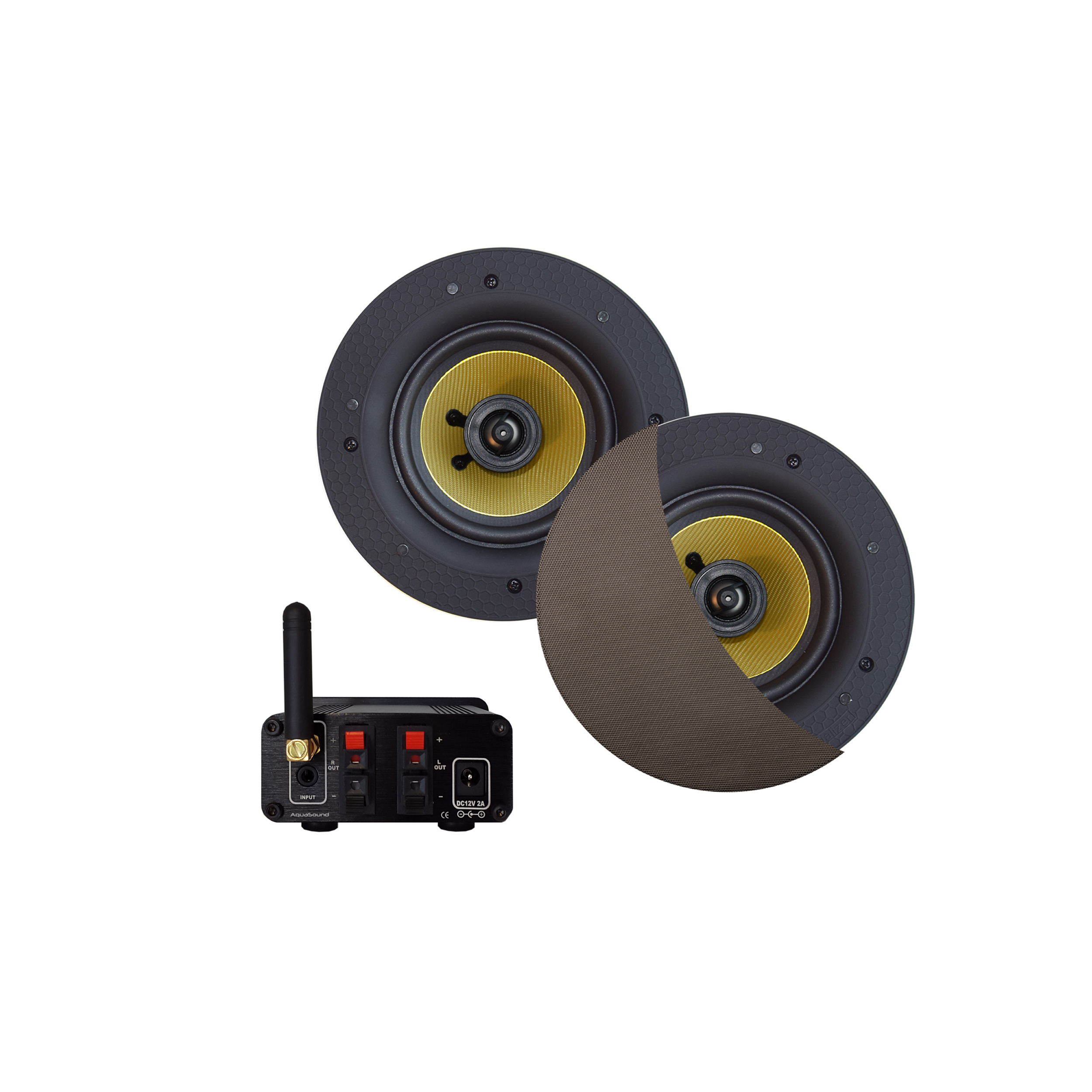 BLUETOOTH AUDIOSYSTEEM (50 WATT / BT4.0 / AUTO-AUX)  MET SAMBA SPEAKERSET (INOX/RVS LOOK), 230V/12V