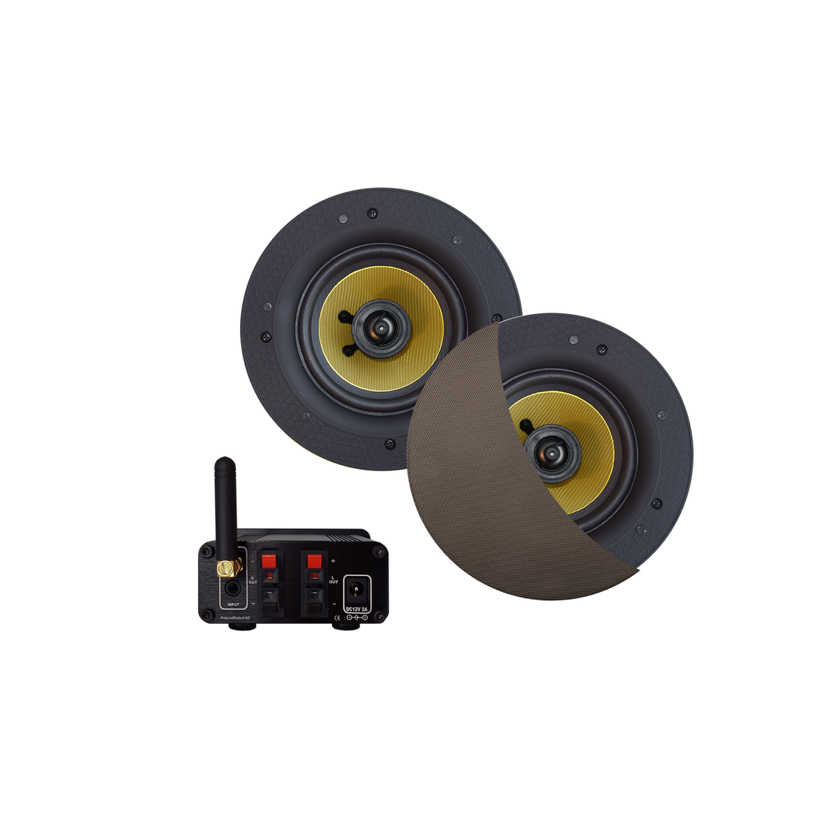 BLUETOOTH AUDIOSYSTEEM (50 WATT / BT4.0 / AUTO-AUX)  MET SAMBA SPEAKERSET (INOX/RVS LOOK), 230V/12V