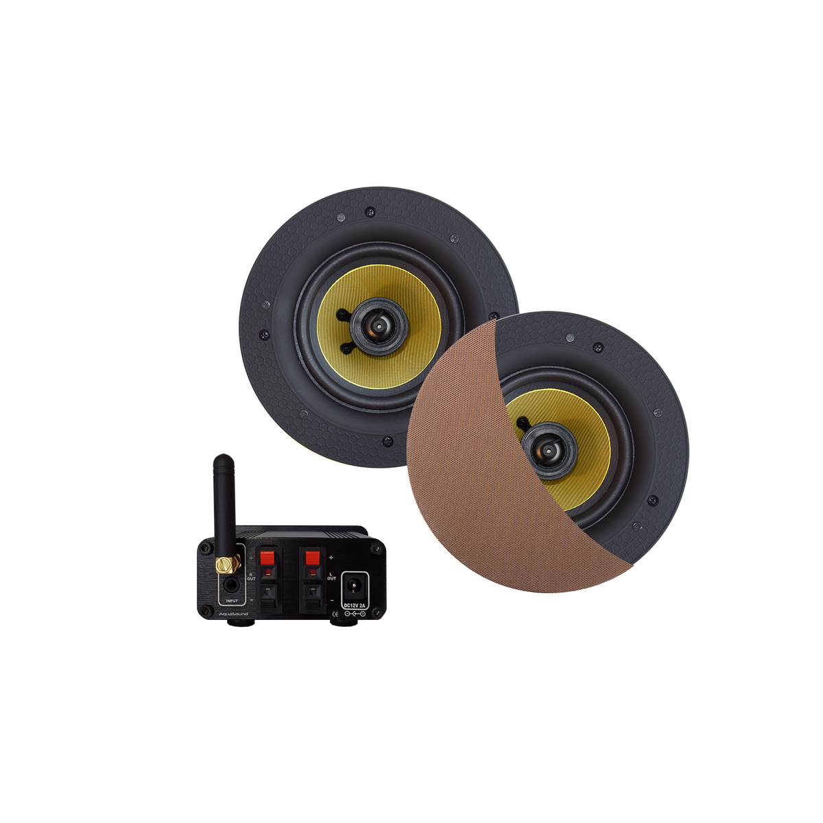 BLUETOOTH AUDIOSYSTEEM (50 WATT / BT4.0 / AUTO-AUX)  MET SAMBA SPEAKERSET (BRUSHED RED GOLD), 230V/12V