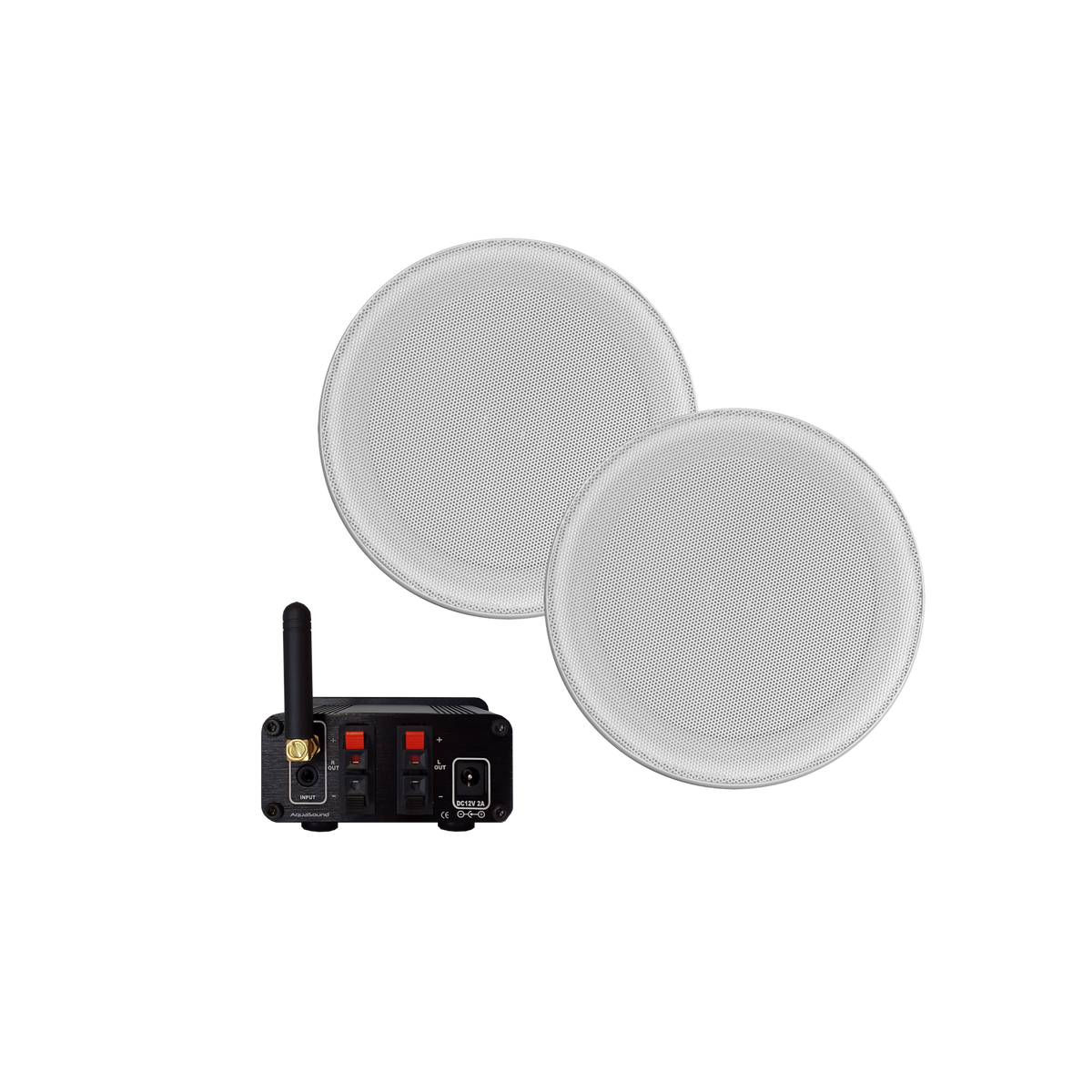 BLUETOOTH AUDIOSYSTEEM (50 WATT / BT4.0 / AUTO-AUX) + JAZZ SAUNA SPEAKERSET (WIT), 230V/12V