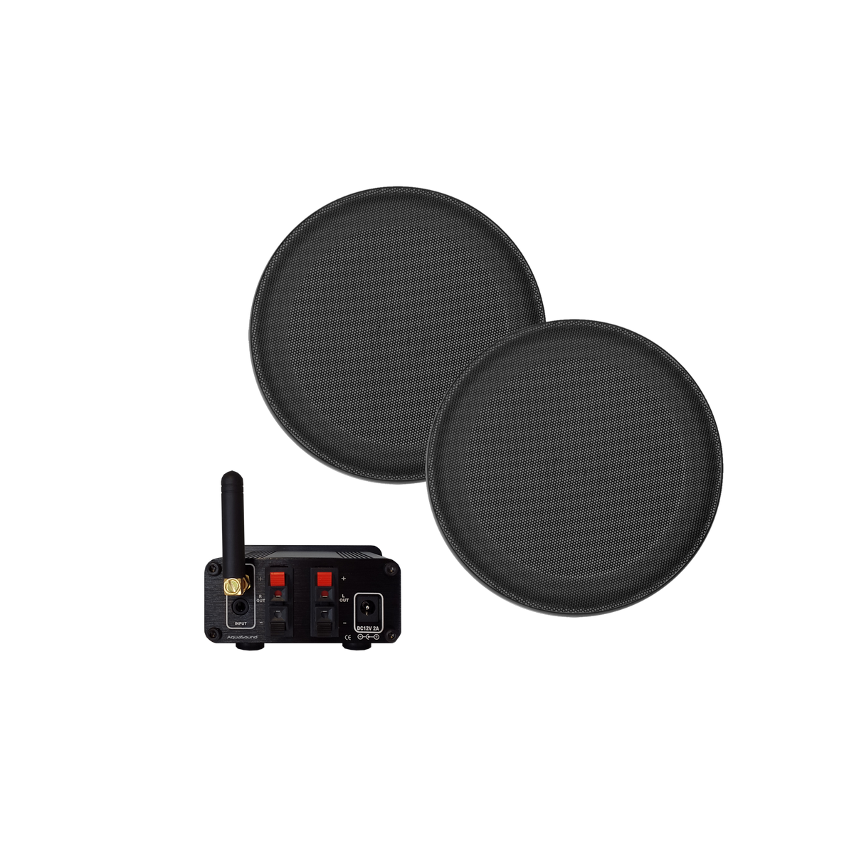 BLUETOOTH AUDIOSYSTEEM (50 WATT / BT4.0 / AUTO-AUX) + JAZZ SAUNA SPEAKERSET (MAT ZWART), 230V/12V