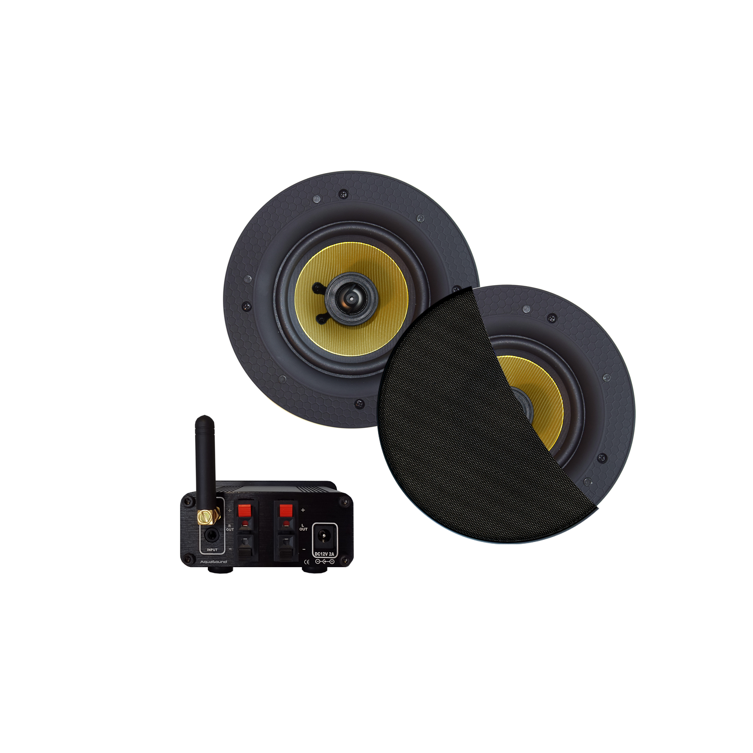 BLUETOOTH AUDIOSYSTEEM (50 WATT / BT4.0 / AUTO-AUX)  MET SAMBA SPEAKERSET (MAT ZWART), 230V/12V
