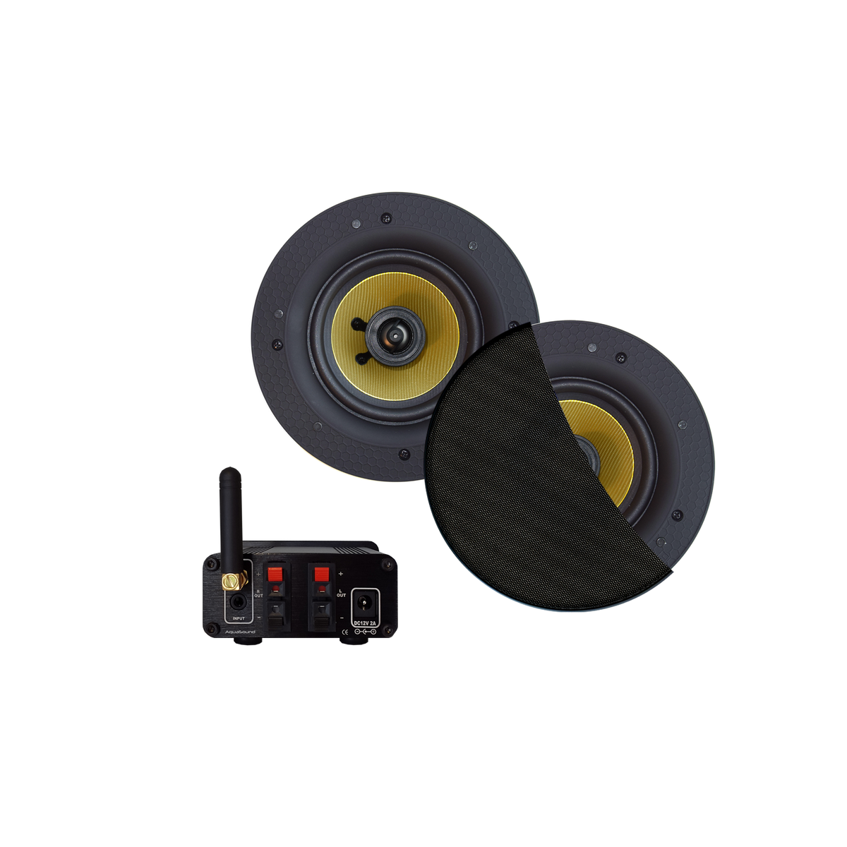 BLUETOOTH AUDIOSYSTEEM (50 WATT / BT4.0 / AUTO-AUX)  MET SAMBA SPEAKERSET (MAT ZWART), 230V/12V