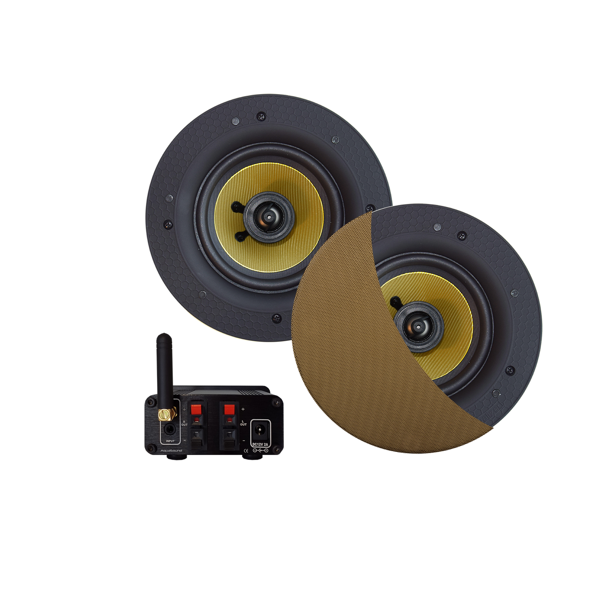 BLUETOOTH AUDIOSYSTEEM (70 WATT / BT4.0 / AUTO-AUX)  MET ZUMBA SPEAKERSET (BRUSHED BRONZE), 230V/24V
