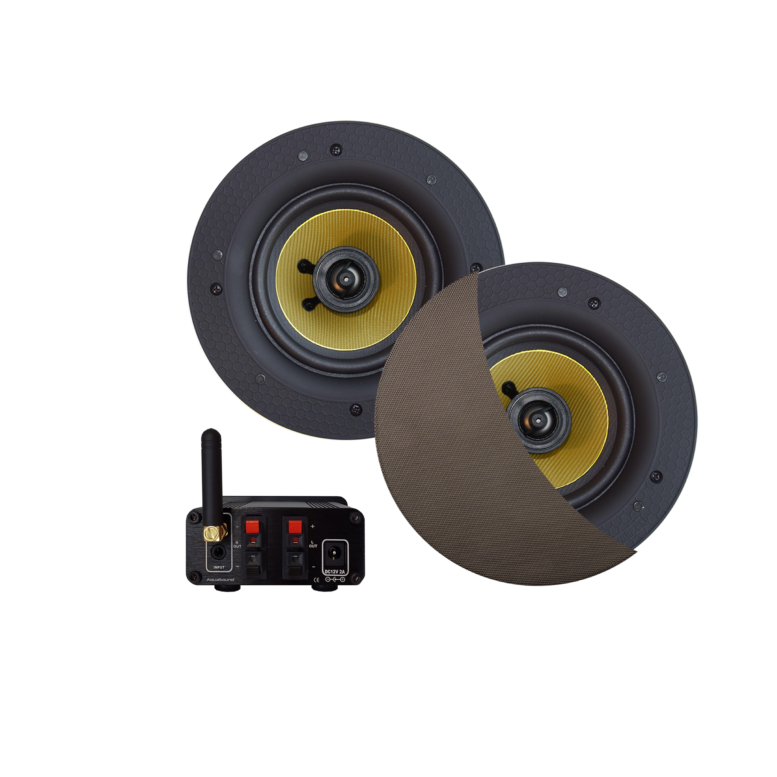 BLUETOOTH AUDIOSYSTEEM (70 WATT / BT4.0 / AUTO-AUX)  MET ZUMBA SPEAKERSET (INOX/RVS LOOK), 230V/24V