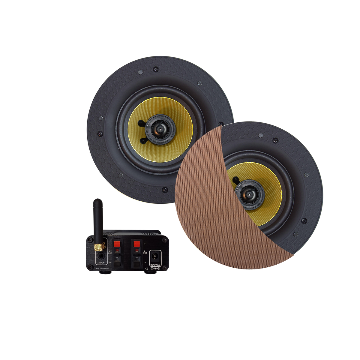 BLUETOOTH AUDIOSYSTEEM (70 WATT / BT4.0 / AUTO-AUX)  MET ZUMBA SPEAKERSET (BRUSHED RED GOLD), 230V/24V