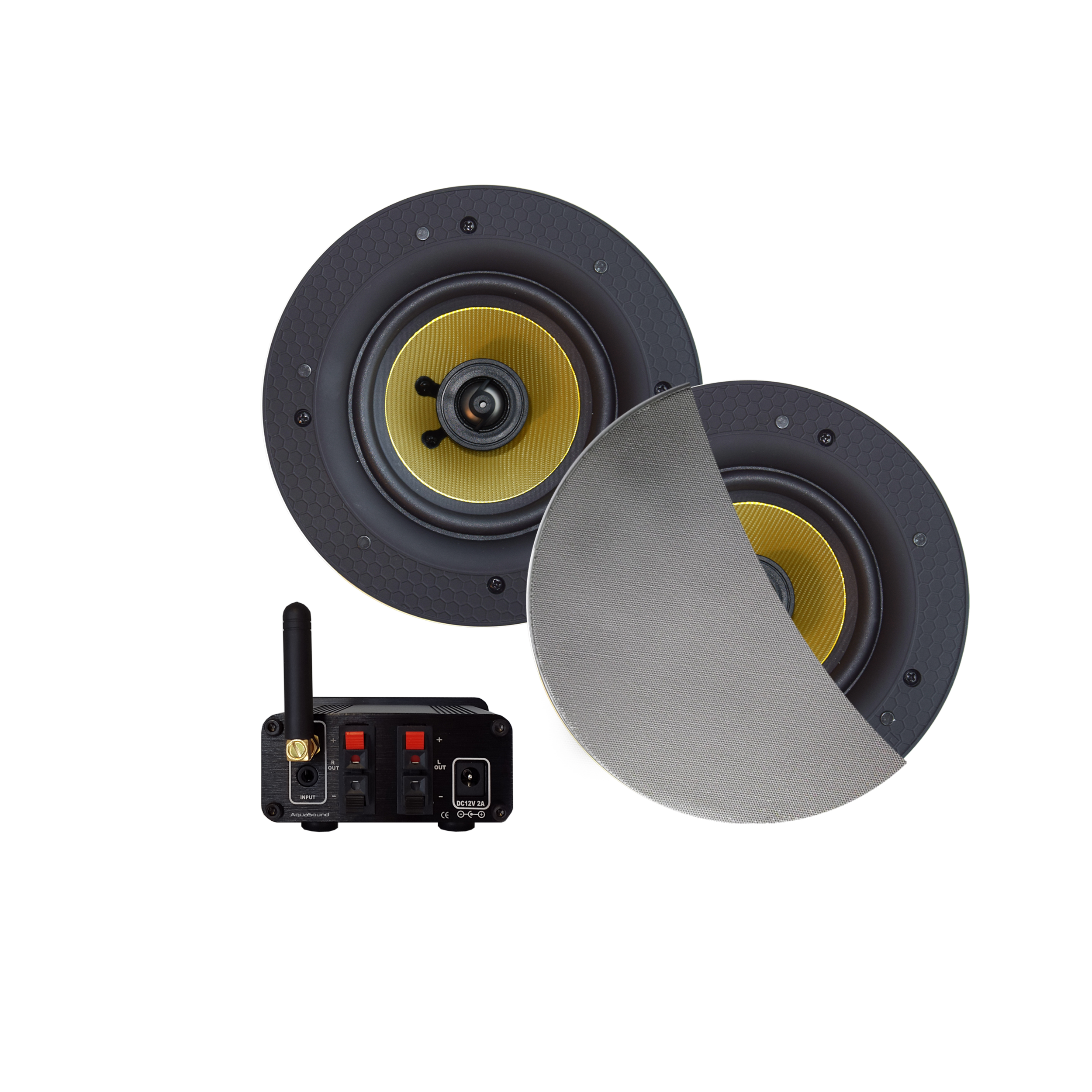 BLUETOOTH AUDIOSYSTEEM (70 WATT / BT4.0 / AUTO-AUX)  MET ZUMBA SPEAKERSET (MAT CHROOM), 230V/24V