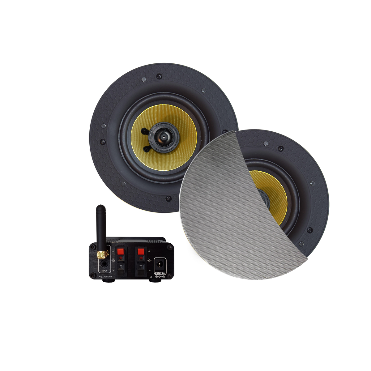 BLUETOOTH AUDIOSYSTEEM (70 WATT / BT4.0 / AUTO-AUX)  MET ZUMBA SPEAKERSET (MAT CHROOM), 230V/24V