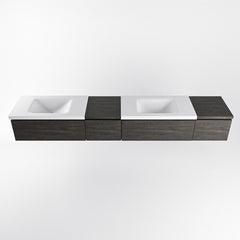 MONDIAZ BUKLA 240cm badmeubel met module 40 links kleur Dark Brown met 4 lades. Wastafel CLOUD dubbel 0 kraangaten kleur Talc.
