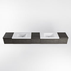 MONDIAZ BUKLA 280cm badmeubel met module 40 kleur Dark Brown met 5 lades. Wastafel CLOUD dubbel 2 kraangaten kleur Talc.
