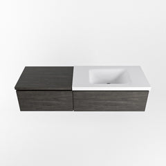 MONDIAZ BUKLA 140cm badmeubel met module 60 kleur Dark Brown met 2 lades. Wastafel CLOUD rechts 0 kraangaten kleur Talc.