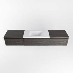 MONDIAZ BUKLA 200cm badmeubel met module 60 kleur Dark Brown met 3 lades. Wastafel CLOUD midden 0 kraangaten kleur Talc.