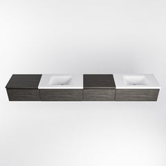 MONDIAZ BUKLA 280cm badmeubel met module 60 rechts kleur Dark Brown met 4 lades. Wastafel CLOUD dubbel 2 kraangaten kleur Talc.