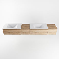 MONDIAZ BUKLA 240cm badmeubel met module 40 links kleur Washed Oak met 4 lades. Wastafel CLOUD dubbel 0 kraangaten kleur Talc.