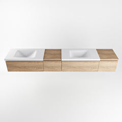MONDIAZ BUKLA 240cm badmeubel met module 40 links kleur Washed Oak met 4 lades. Wastafel CLOUD dubbel 2 kraangaten kleur Talc.