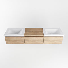 MONDIAZ BUKLA 180cm badmeubel met module 60 kleur Washed Oak met 3 lades. Wastafel CLOUD dubbel 2 kraangaten kleur Talc.