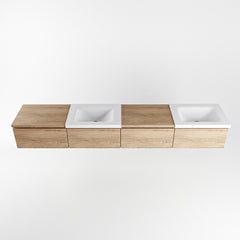 MONDIAZ BUKLA 240cm badmeubel met module 60 links kleur Washed Oak met 4 lades. Wastafel CLOUD dubbel 2 kraangaten kleur Talc.