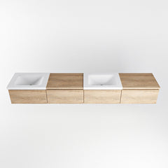 MONDIAZ BUKLA 240cm badmeubel met module 60 rechts kleur Washed Oak met 4 lades. Wastafel CLOUD dubbel 2 kraangaten kleur Talc.