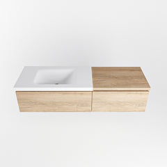 MONDIAZ BUKLA 140cm badmeubel met module 60 kleur Washed Oak met 2 lades. Wastafel CLOUD links 0 kraangaten kleur Talc.