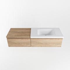 MONDIAZ BUKLA 140cm badmeubel met module 60 kleur Washed Oak met 2 lades. Wastafel CLOUD rechts 1 kraangat kleur Talc.