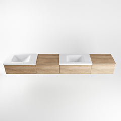 MONDIAZ BUKLA 280cm badmeubel met module 60 links kleur Washed Oak met 4 lades. Wastafel CLOUD dubbel 2 kraangaten kleur Talc.