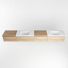 MONDIAZ BUKLA 280cm badmeubel met module 60 rechts kleur Washed Oak met 4 lades. Wastafel CLOUD dubbel 2 kraangaten kleur Talc.