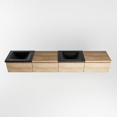 MONDIAZ BUKLA 240cm badmeubel met module 60 rechts kleur Washed Oak met 4 lades. Wastafel CLOUD dubbel 0 kraangaten kleur Urban.