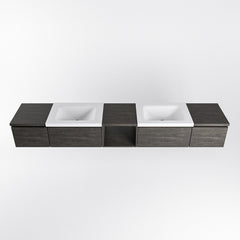 MONDIAZ BUKLA 240cm badmeubel met open module 40 midden kleur Dark Brown met 4 lades. Wastafel CLOUD dubbel 2 kraangaten kleur Talc.