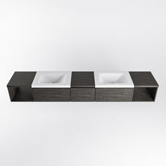 MONDIAZ BUKLA 240cm badmeubel met open module 40 L+R kleur Dark Brown met 3 lades. Wastafel CLOUD dubbel 2 kraangaten kleur Talc.
