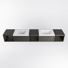 MONDIAZ BUKLA 240cm badmeubel met open module 40 L+M+R kleur Dark Brown met 2 lades. Wastafel CLOUD dubbel 2 kraangaten kleur Talc.