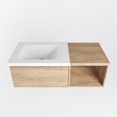 MONDIAZ BUKLA 100cm badmeubel met open module 40 kleur Washed Oak met 1 lade. Wastafel CLOUD links 1 kraangat kleur Talc.