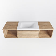 MONDIAZ BUKLA 140cm badmeubel met open module 40 L+R kleur Washed Oak met 2 lades. Wastafel CLOUD midden 0 kraangaten kleur Talc.