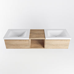 MONDIAZ BUKLA 160cm badmeubel met open module 40 kleur Washed Oak met 2 lades. Wastafel CLOUD dubbel 2 kraangaten kleur Talc.