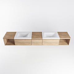 MONDIAZ BUKLA 240cm badmeubel met open module 40 L+R kleur Washed Oak met 3 lades. Wastafel CLOUD dubbel 2 kraangaten kleur Talc.