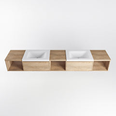 MONDIAZ BUKLA 240cm badmeubel met open module 40 L+M+R kleur Washed Oak met 2 lades. Wastafel CLOUD dubbel 0 kraangaten kleur Talc.
