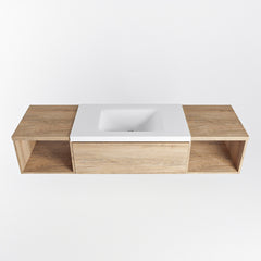 MONDIAZ BUKLA 160cm badmeubel met open module 40 L+R kleur Washed Oak met 1 lades. Wastafel CLOUD midden 0 kraangaten kleur Talc.