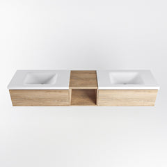 MONDIAZ BUKLA 200cm badmeubel met open module 40 kleur Washed Oak met 2 lades. Wastafel CLOUD dubbel 0 kraangaten kleur Talc.