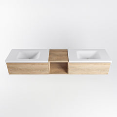 MONDIAZ BUKLA 200cm badmeubel met open module 40 kleur Washed Oak met 2 lades. Wastafel CLOUD dubbel 2 kraangaten kleur Talc.