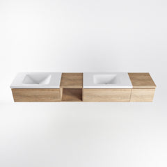 MONDIAZ BUKLA 240cm badmeubel met open module 40 links kleur Washed Oak met 3 lades. Wastafel CLOUD dubbel 0 kraangaten kleur Talc.