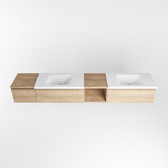 MONDIAZ BUKLA 240cm badmeubel met open module 40 rechts kleur Washed Oak met 3 lades. Wastafel CLOUD dubbel 2 kraangaten kleur Talc.