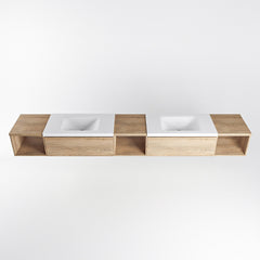 MONDIAZ BUKLA 280cm badmeubel met open module 40 L+M+R kleur Washed Oak met 2 lades. Wastafel CLOUD dubbel 0 kraangaten kleur Talc.