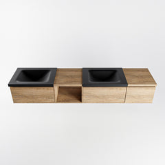 MONDIAZ BUKLA 200cm badmeubel met open module 40 links kleur Washed Oak met 3 lades. Wastafel CLOUD dubbel 2 kraangaten kleur Urban.
