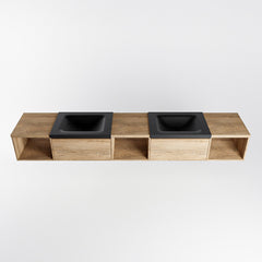 MONDIAZ BUKLA 240cm badmeubel met open module 40 L+M+R kleur Washed Oak met 2 lades. Wastafel CLOUD dubbel 2 kraangaten kleur Urban.